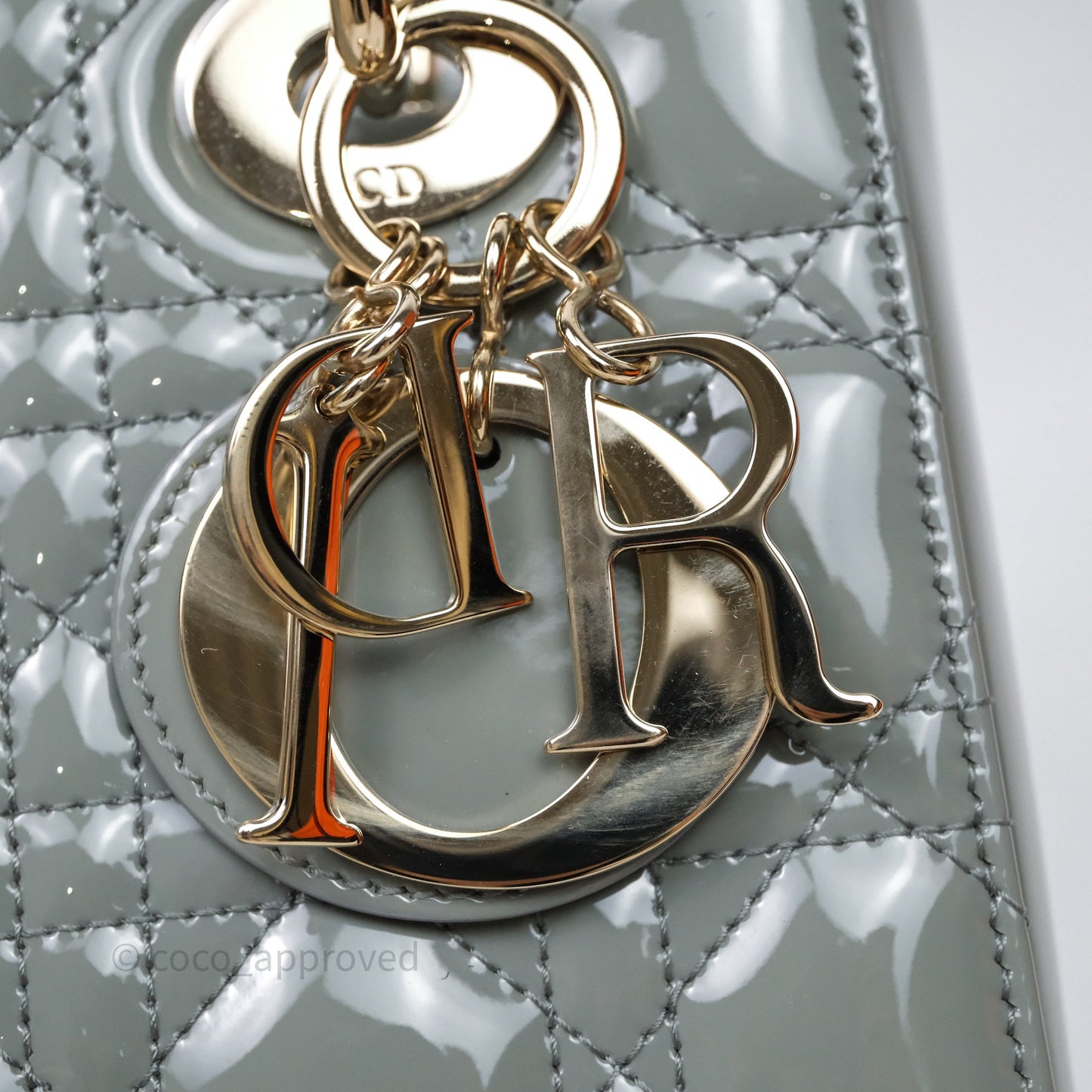 Christian Dior Lady Dior Green Grey Patent Cannage Gold Hardware