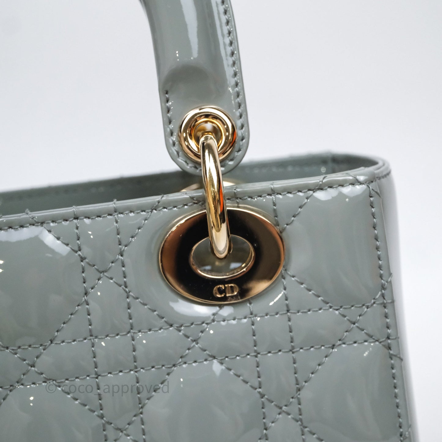 Christian Dior Lady Dior Green Grey Patent Cannage Gold Hardware