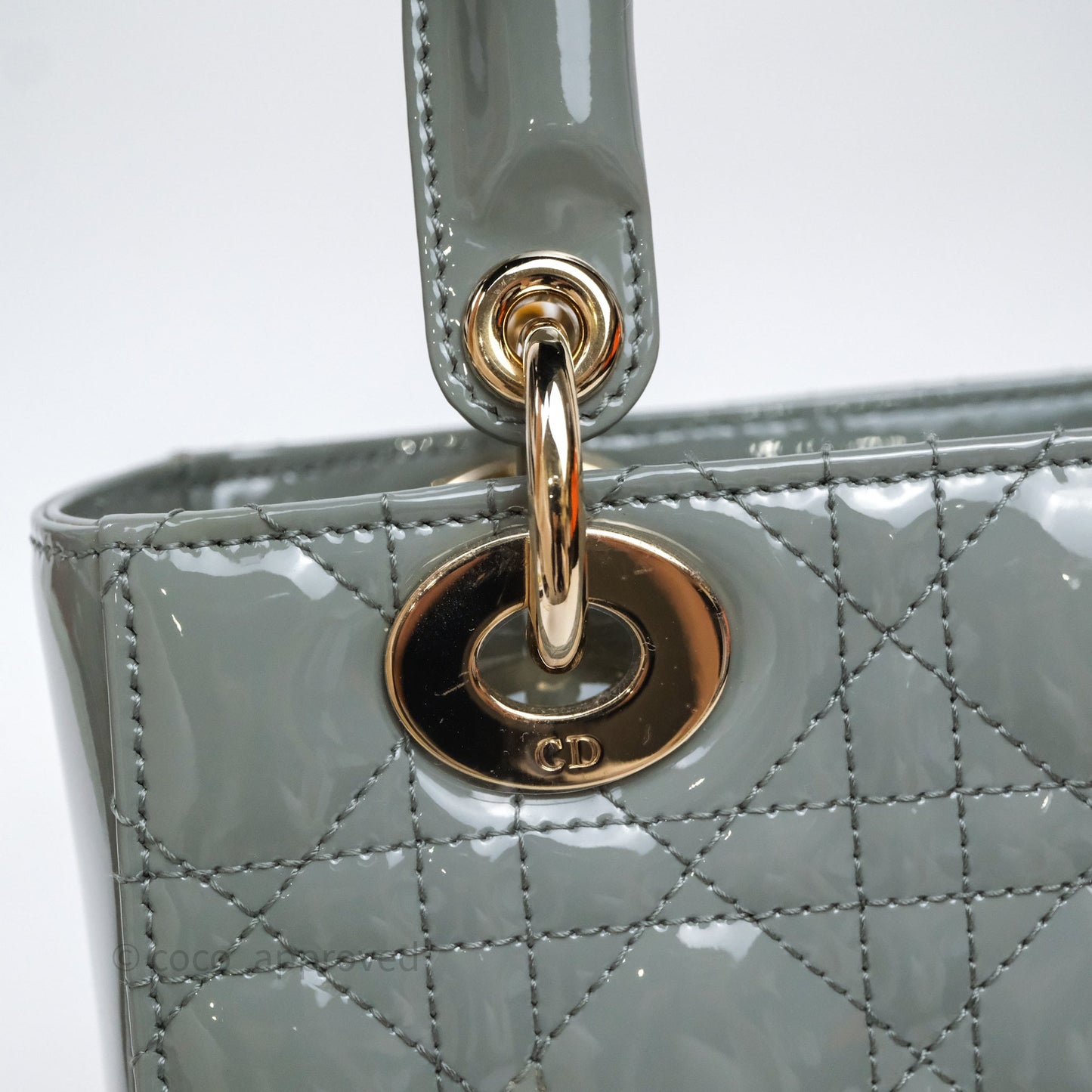 Christian Dior Lady Dior Green Grey Patent Cannage Gold Hardware