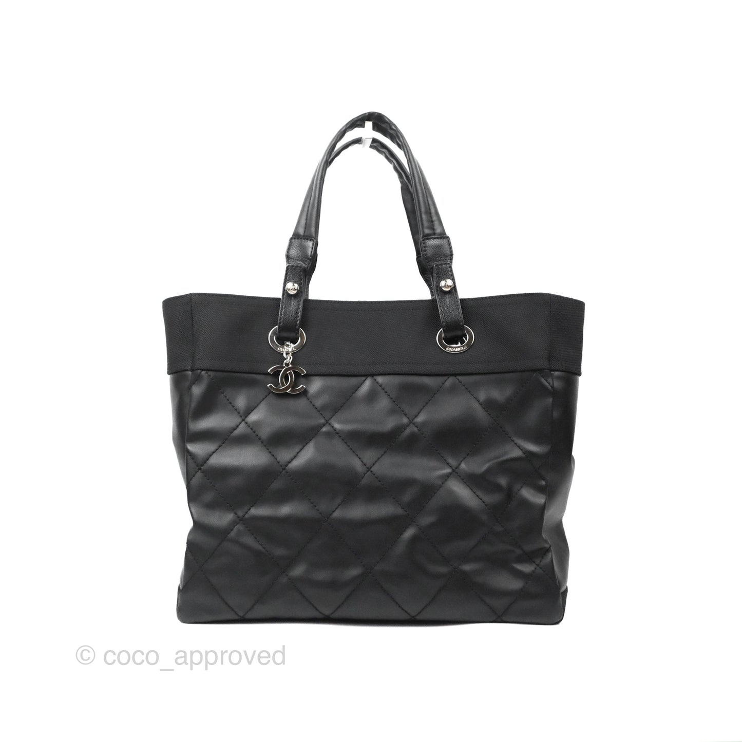 Chanel Quilted Paris Biarritz Tote MM Black Coated Canvas