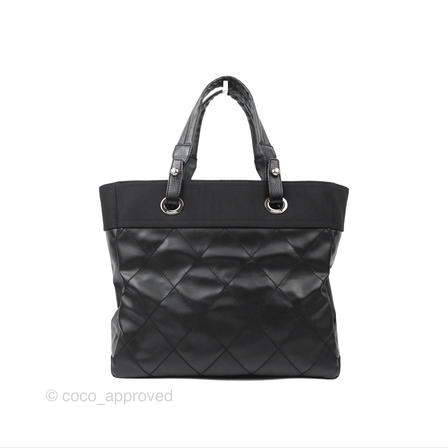 Chanel Quilted Paris Biarritz Tote MM Black Coated Canvas