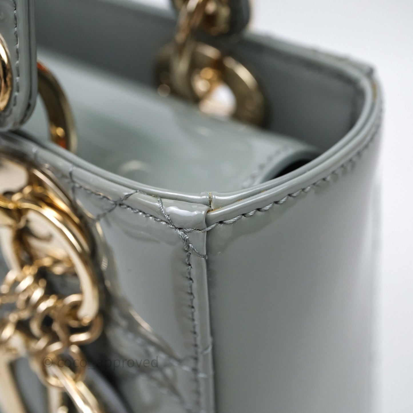 Christian Dior Lady Dior Green Grey Patent Cannage Gold Hardware