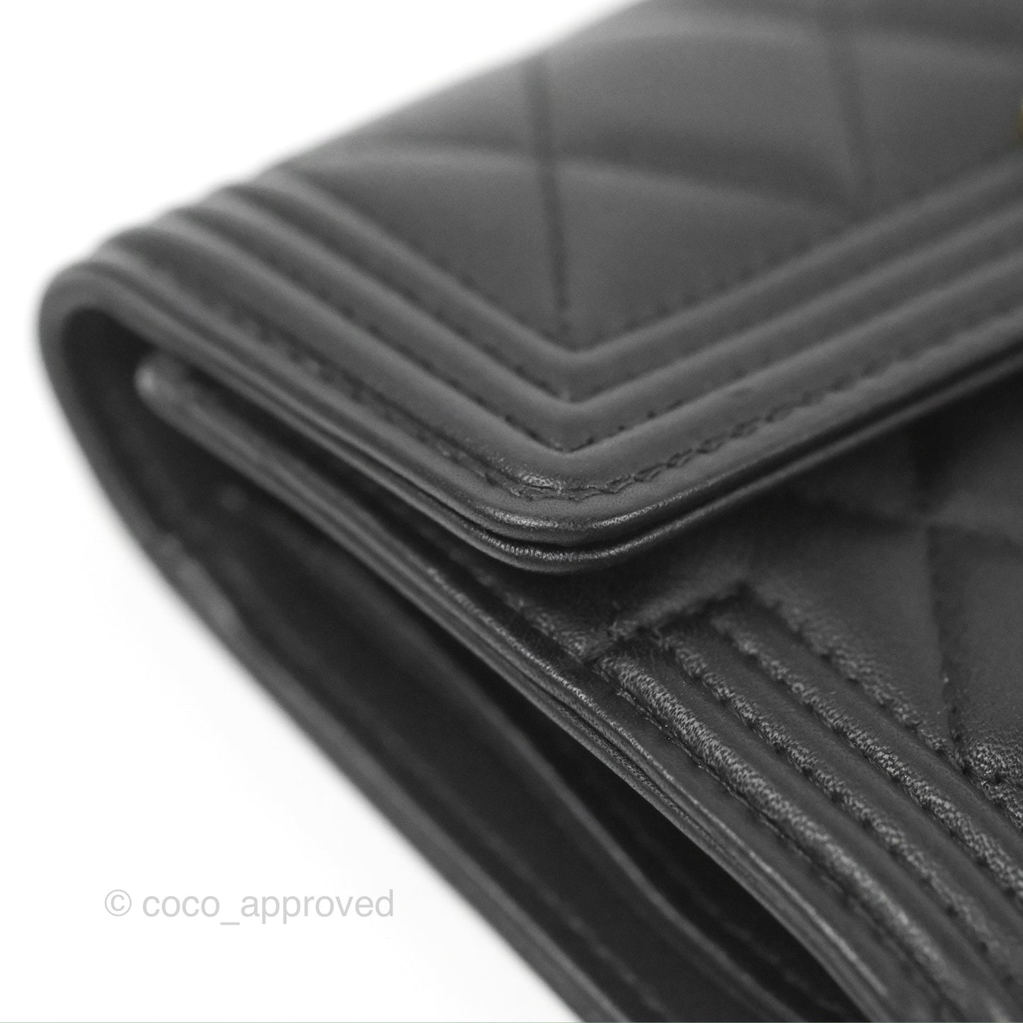 Chanel Quilted Boy Medium Trifold Flap Wallet Black Lambskin Aged Gold Hardware