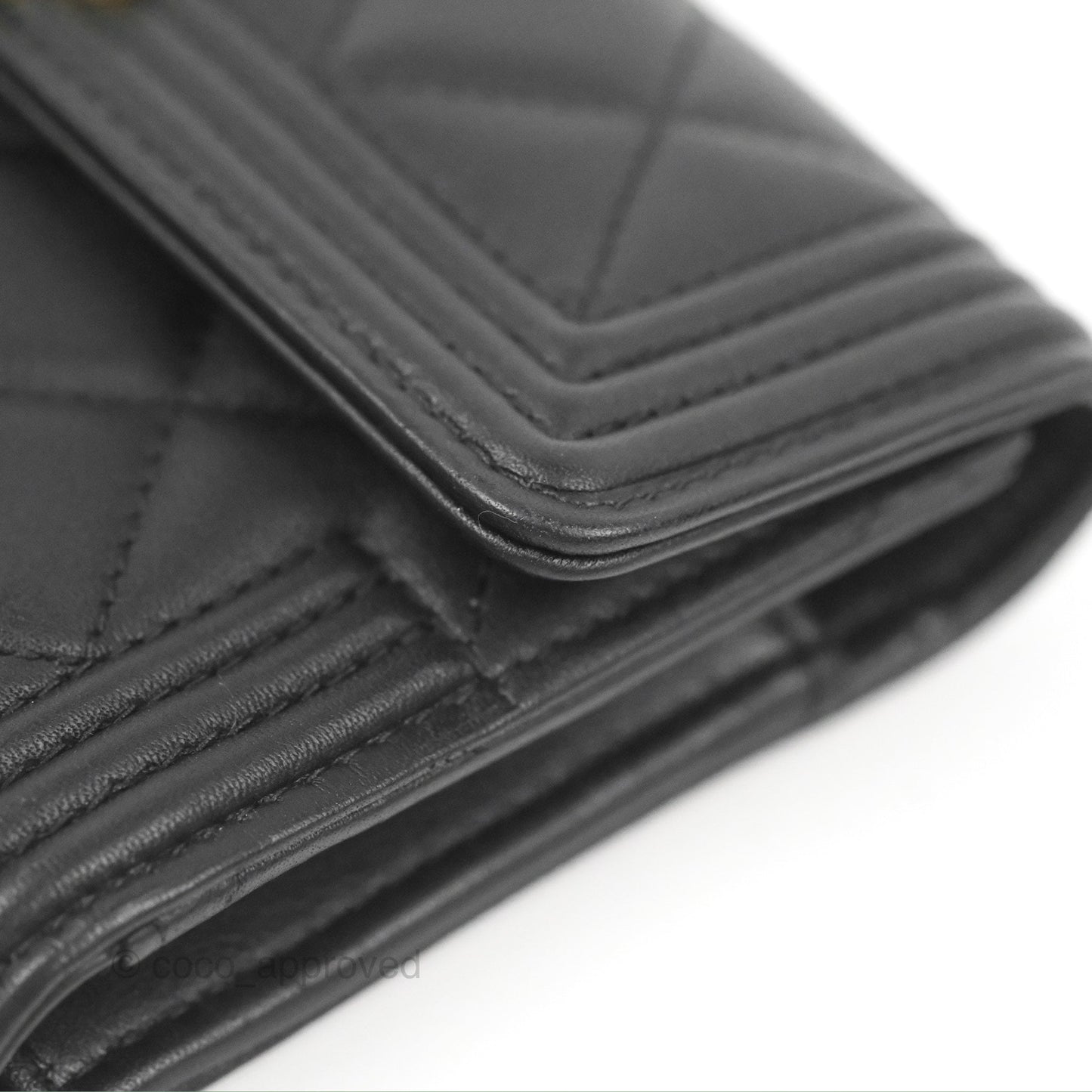 Chanel Quilted Boy Medium Trifold Flap Wallet Black Lambskin Aged Gold Hardware