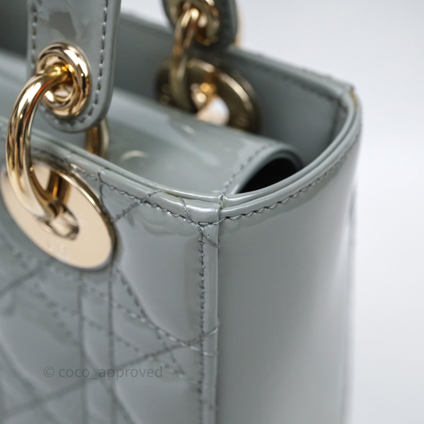 Christian Dior Lady Dior Green Grey Patent Cannage Gold Hardware