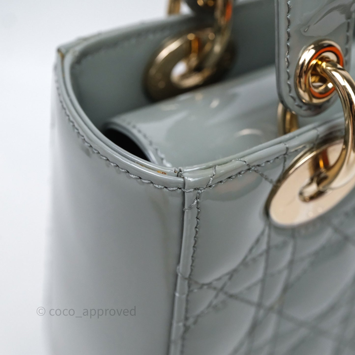 Christian Dior Lady Dior Green Grey Patent Cannage Gold Hardware