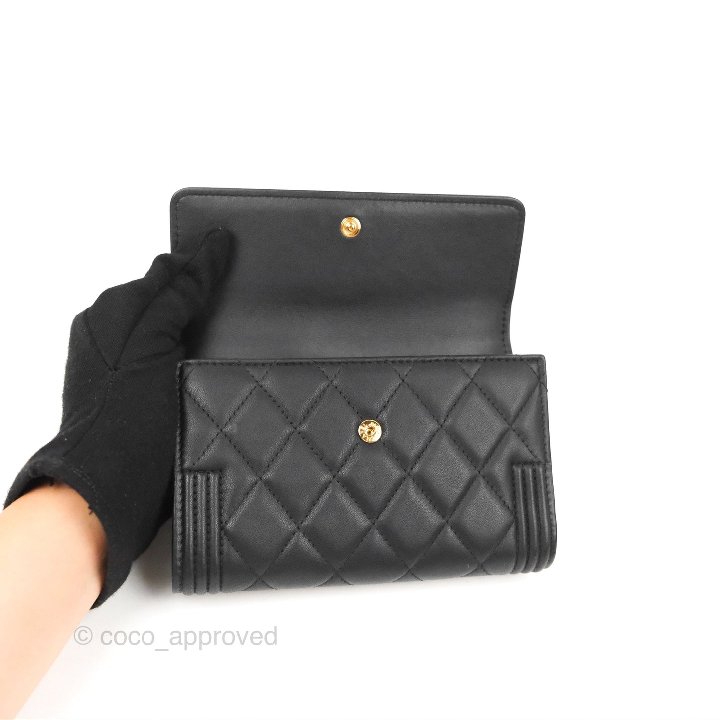 Chanel Quilted Boy Medium Trifold Flap Wallet Black Lambskin Aged Gold Hardware