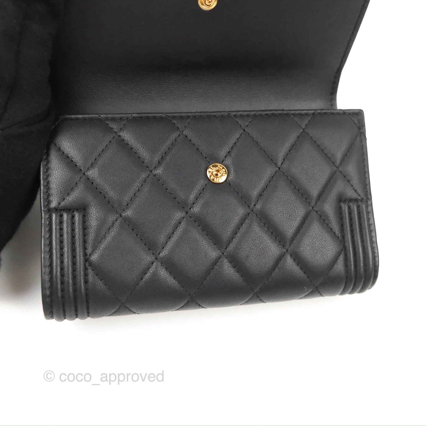 Chanel Quilted Boy Medium Trifold Flap Wallet Black Lambskin Aged Gold Hardware