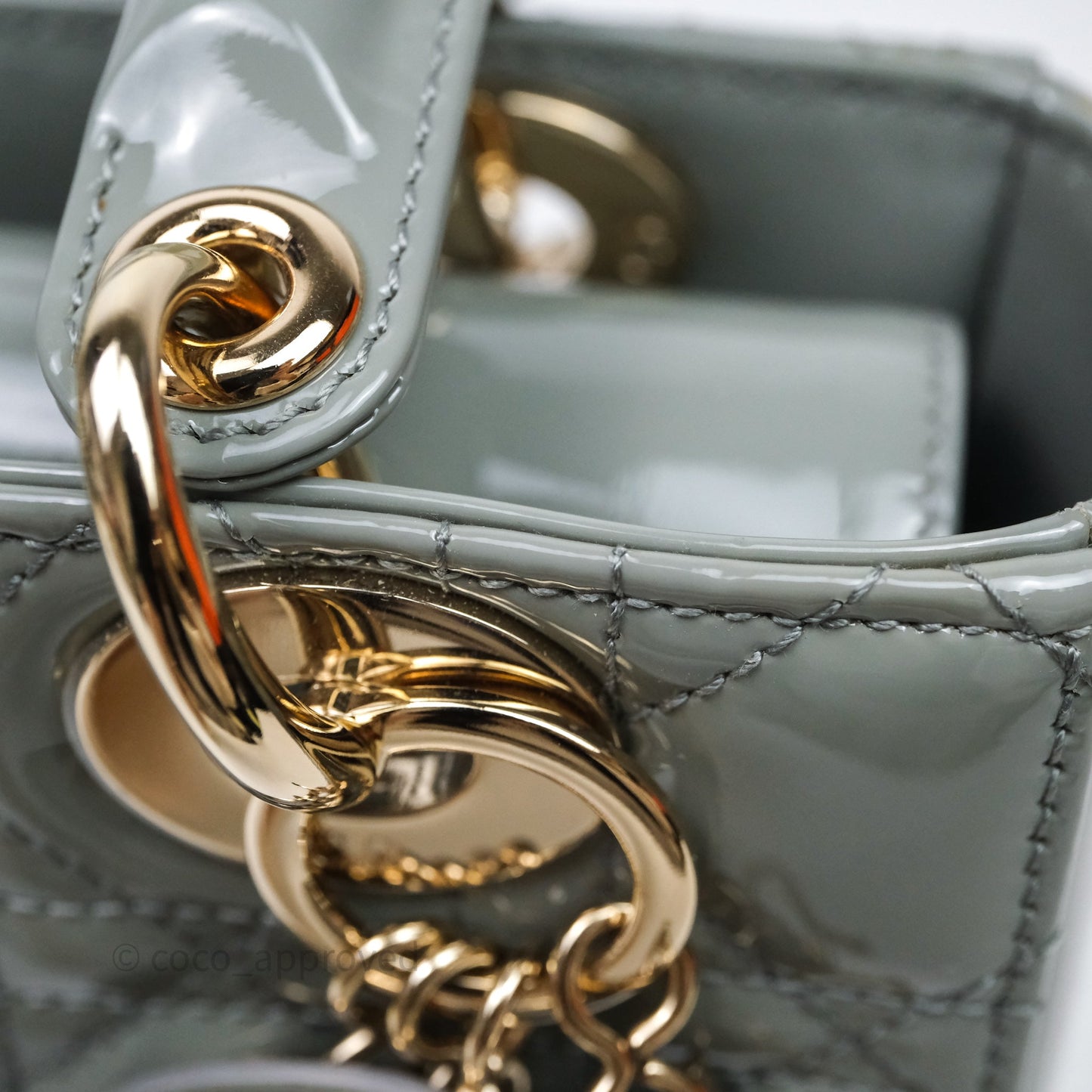 Christian Dior Lady Dior Green Grey Patent Cannage Gold Hardware