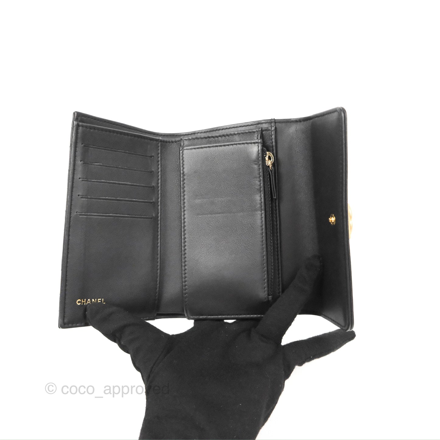 Chanel Quilted Boy Medium Trifold Flap Wallet Black Lambskin Aged Gold Hardware