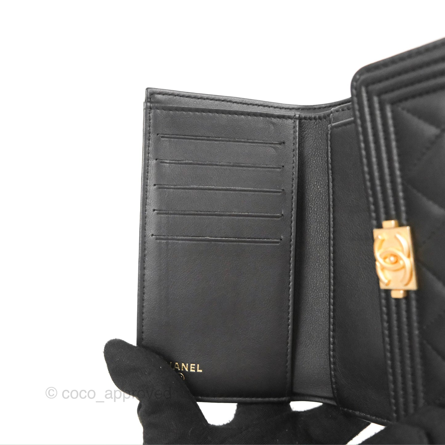 Chanel Quilted Boy Medium Trifold Flap Wallet Black Lambskin Aged Gold Hardware