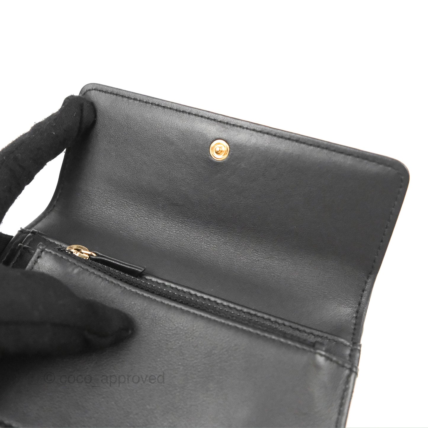 Chanel Quilted Boy Medium Trifold Flap Wallet Black Lambskin Aged Gold Hardware