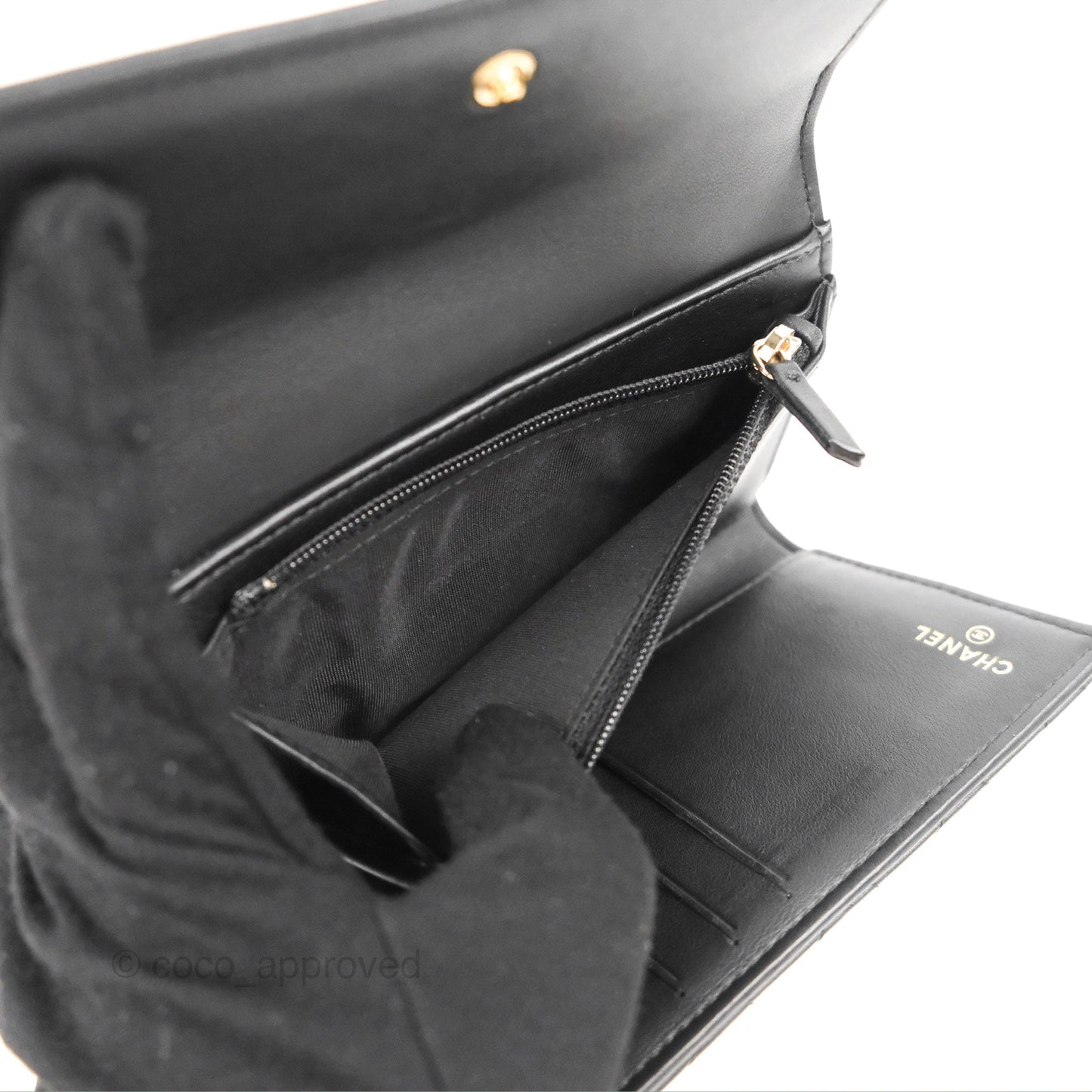Chanel Quilted Boy Medium Trifold Flap Wallet Black Lambskin Aged Gold Hardware
