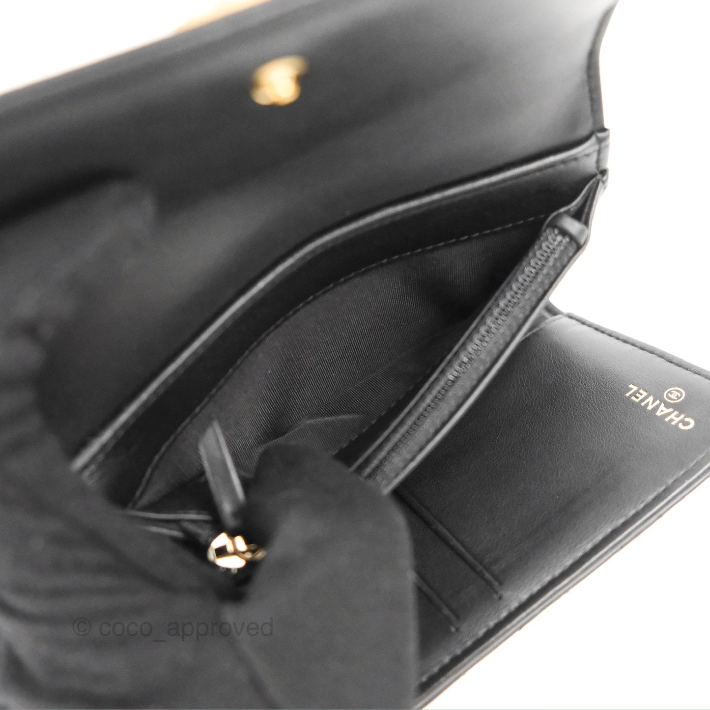 Chanel Quilted Boy Medium Trifold Flap Wallet Black Lambskin Aged Gold Hardware