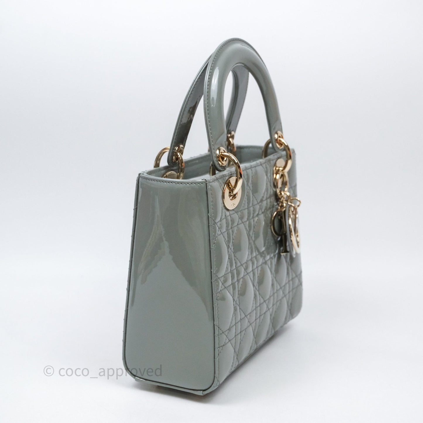 Christian Dior Lady Dior Green Grey Patent Cannage Gold Hardware