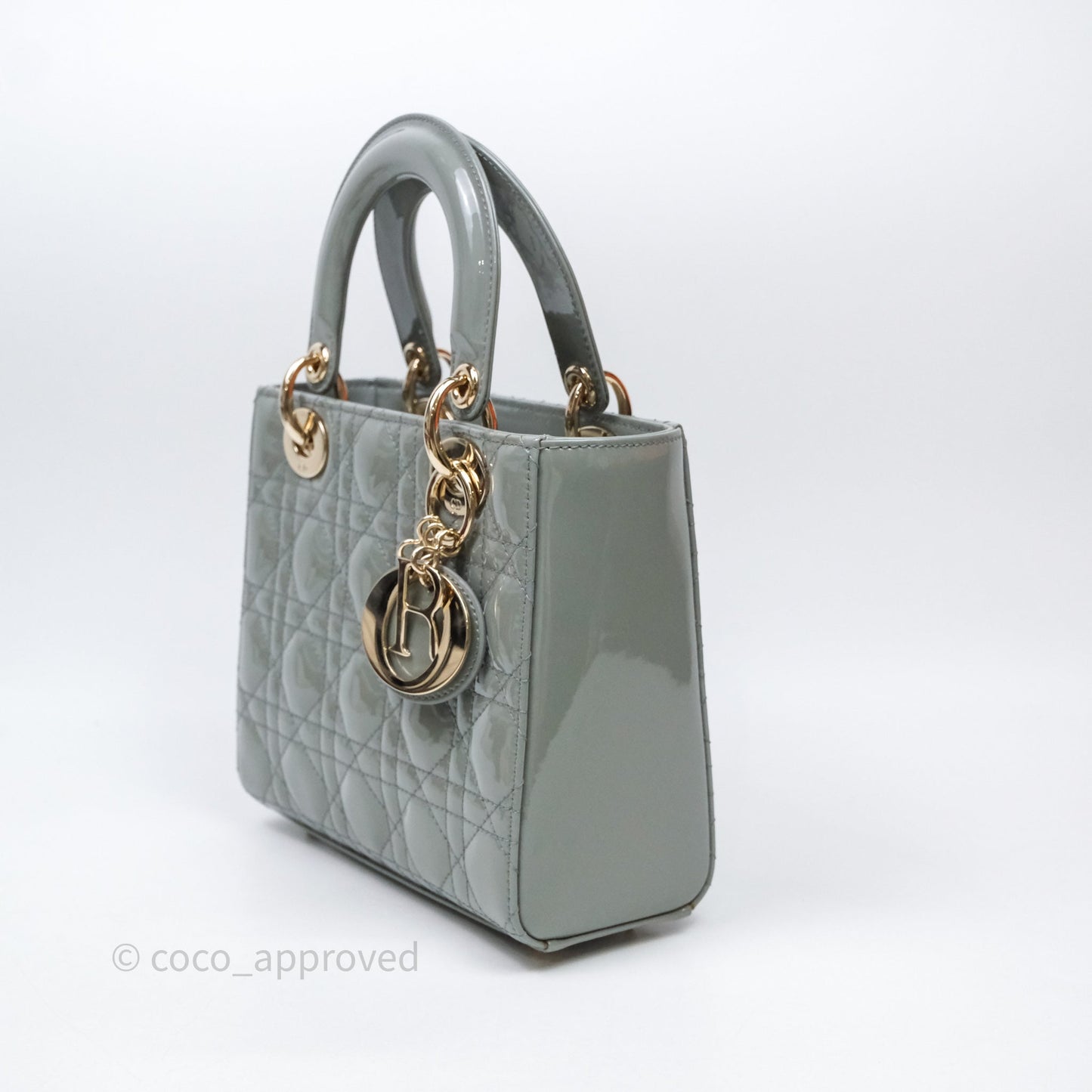 Christian Dior Lady Dior Green Grey Patent Cannage Gold Hardware