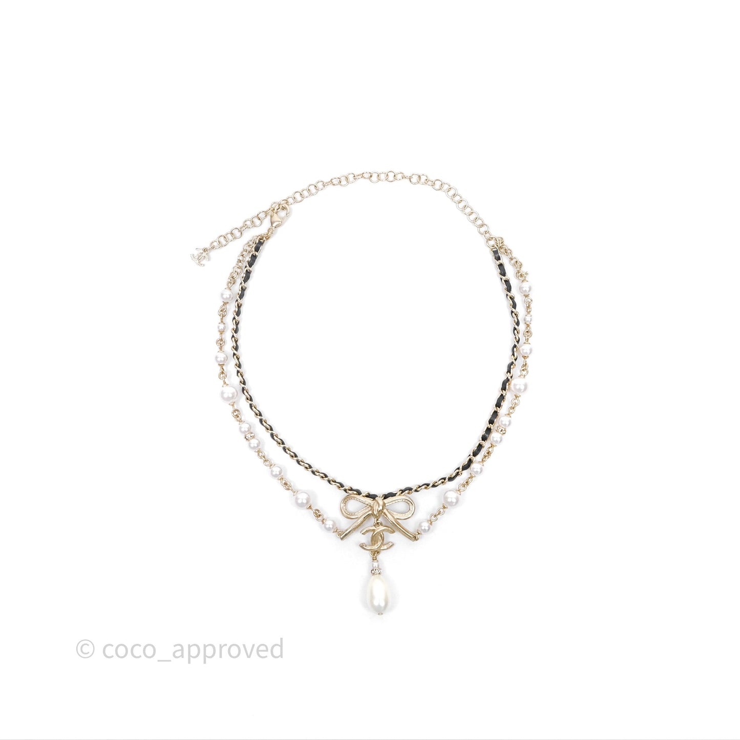 Chanel CC Woven Ribbon Chain Pearl Necklace 22S