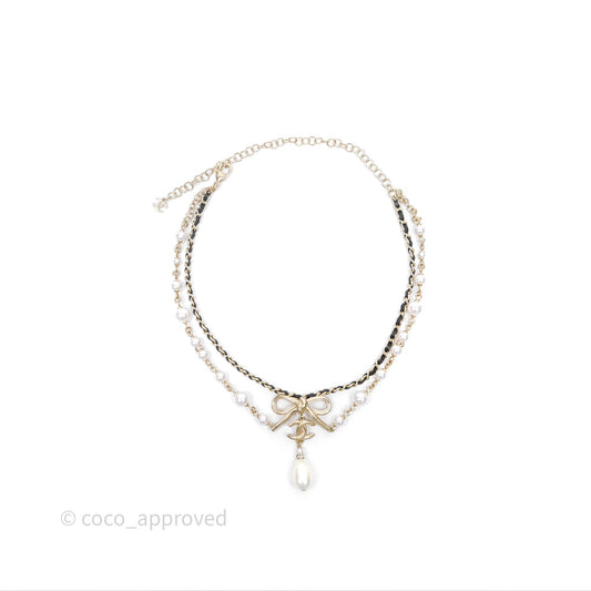 Chanel CC Woven Ribbon Chain Pearl Necklace 22S