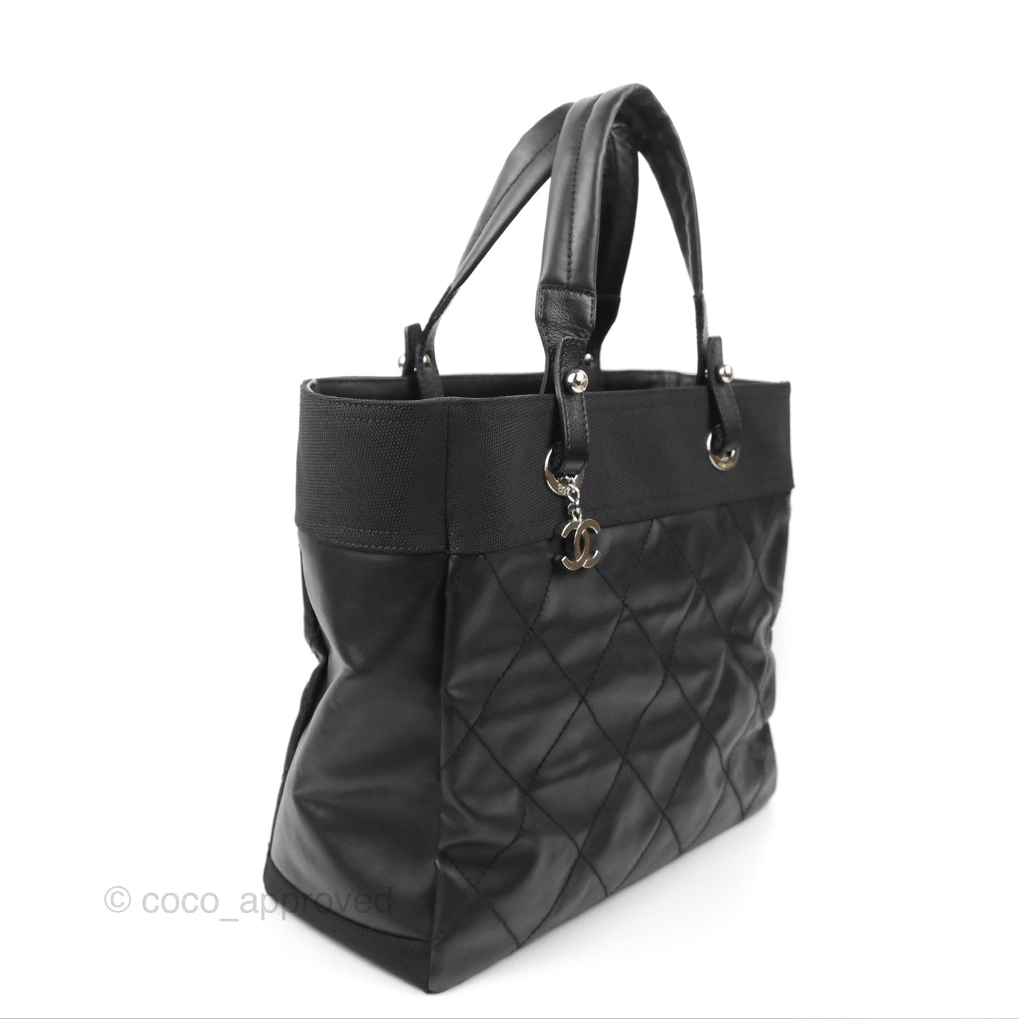 Chanel Quilted Paris Biarritz Tote MM Black Coated Canvas