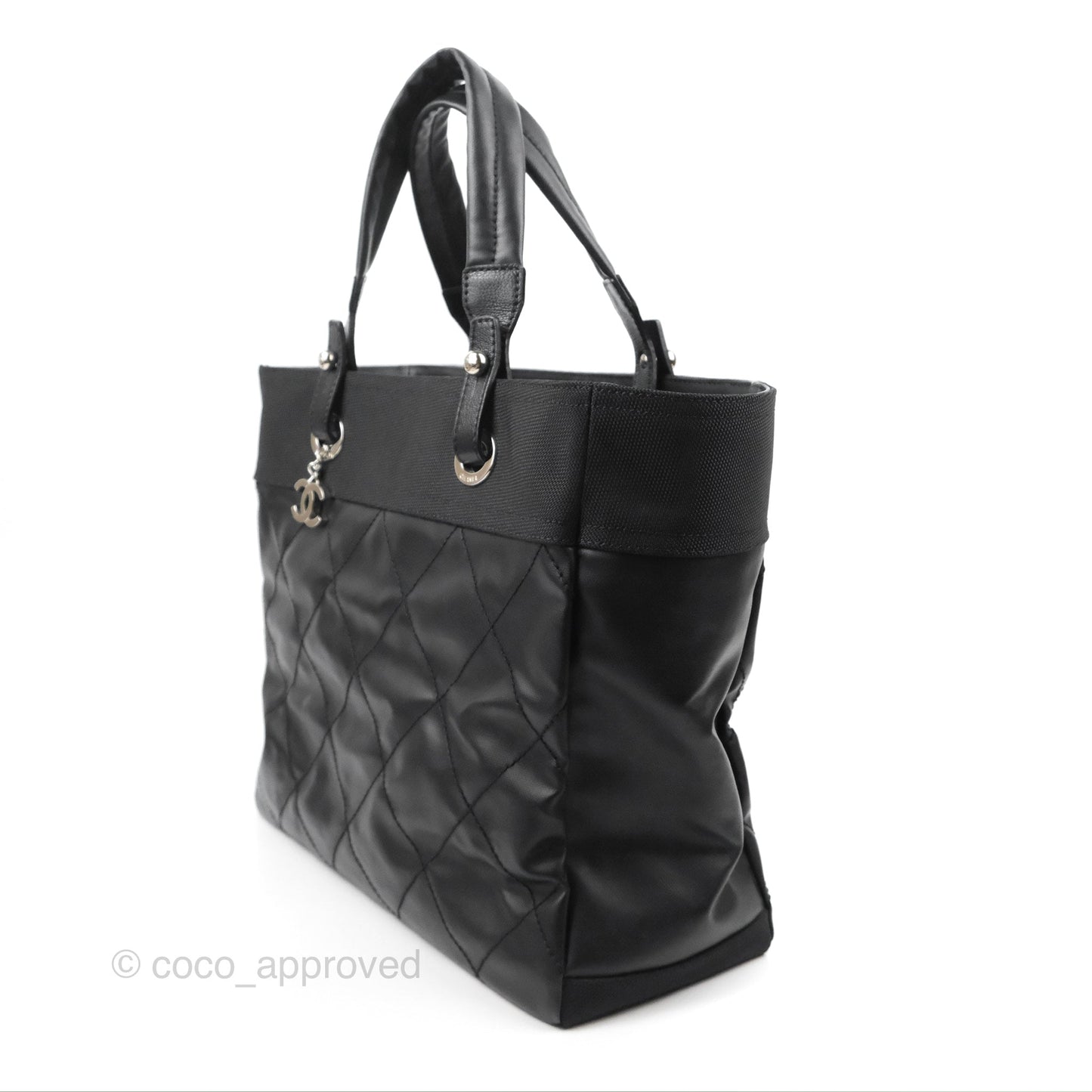 Chanel Quilted Paris Biarritz Tote MM Black Coated Canvas