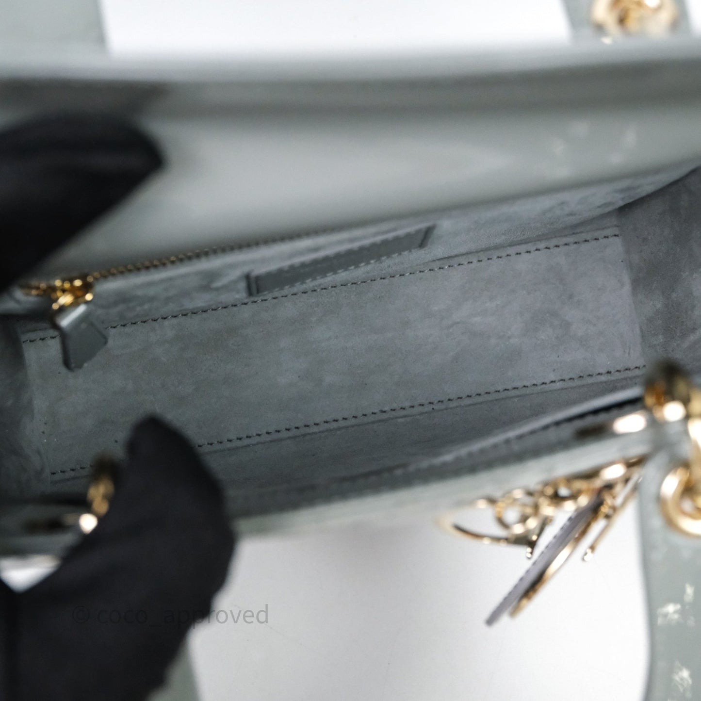 Christian Dior Lady Dior Green Grey Patent Cannage Gold Hardware