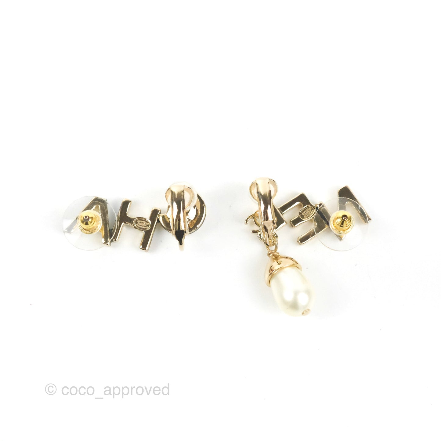 Chanel Logo Pearl Earrings & Ear Clips Gold Tone 22K
