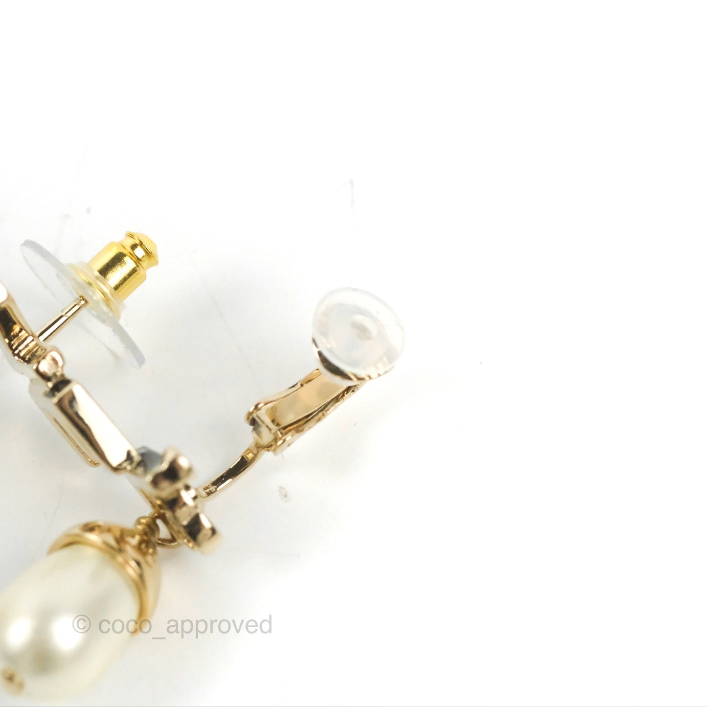 Chanel Logo Pearl Earrings & Ear Clips Gold Tone 22K