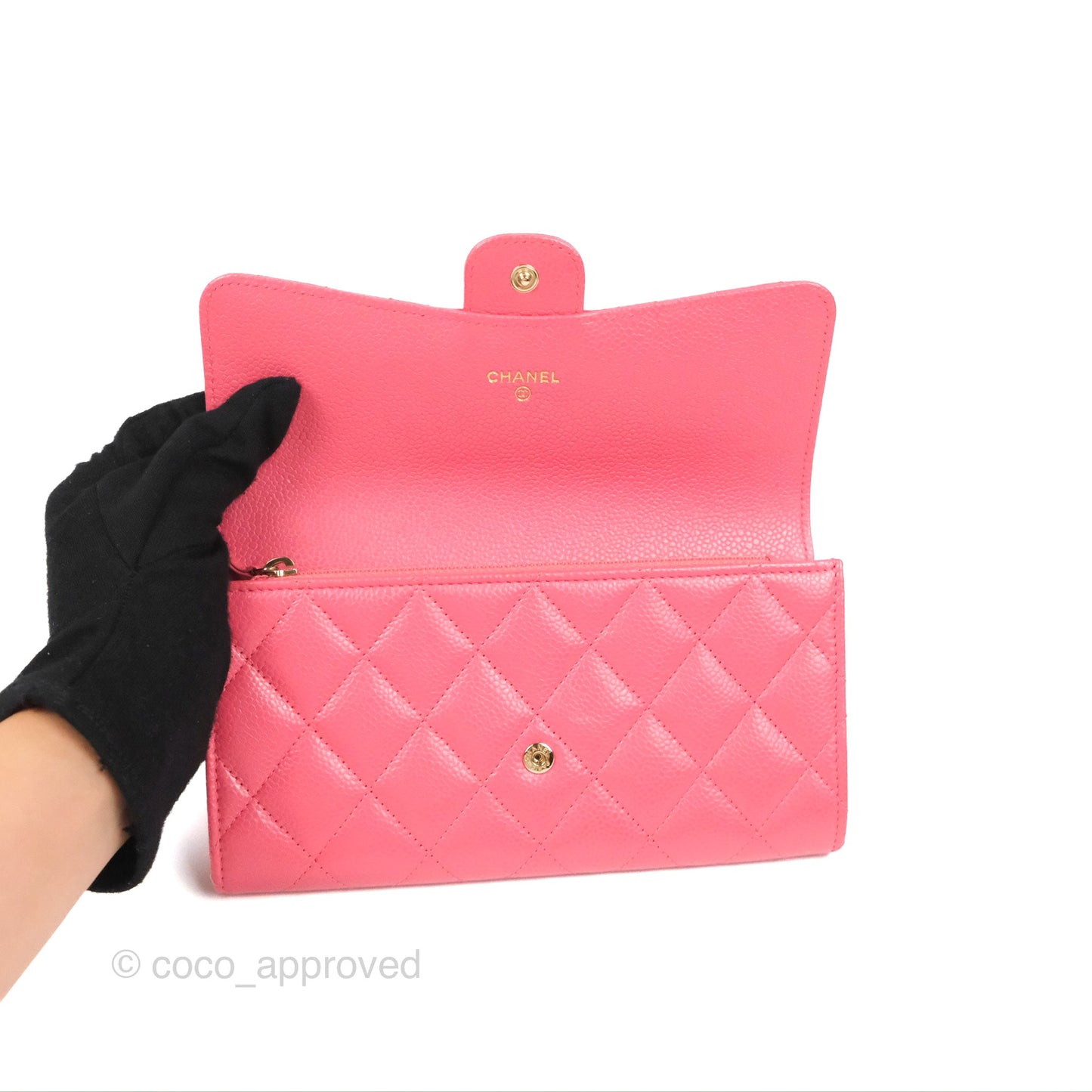 Chanel Quilted Classic Zip Long Wallet Pink Caviar Gold Hardware
