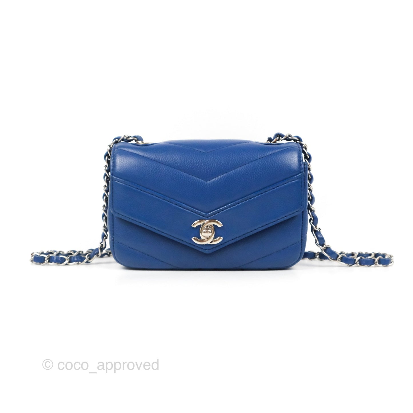 Chanel Chevron Flap Blue Grained Calfskin Silver Hardware