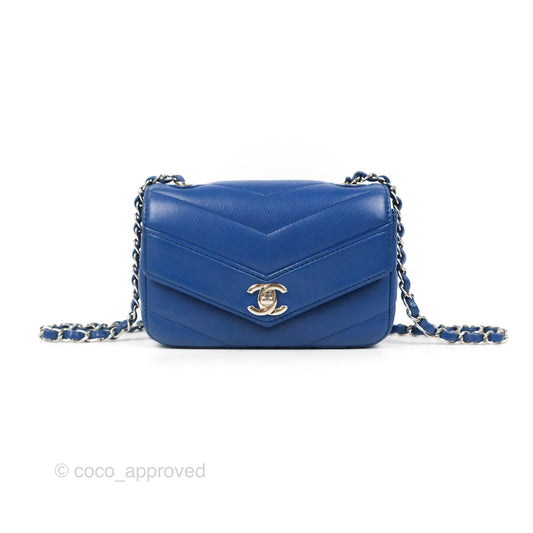 Chanel Chevron Flap Blue Grained Calfskin Silver Hardware