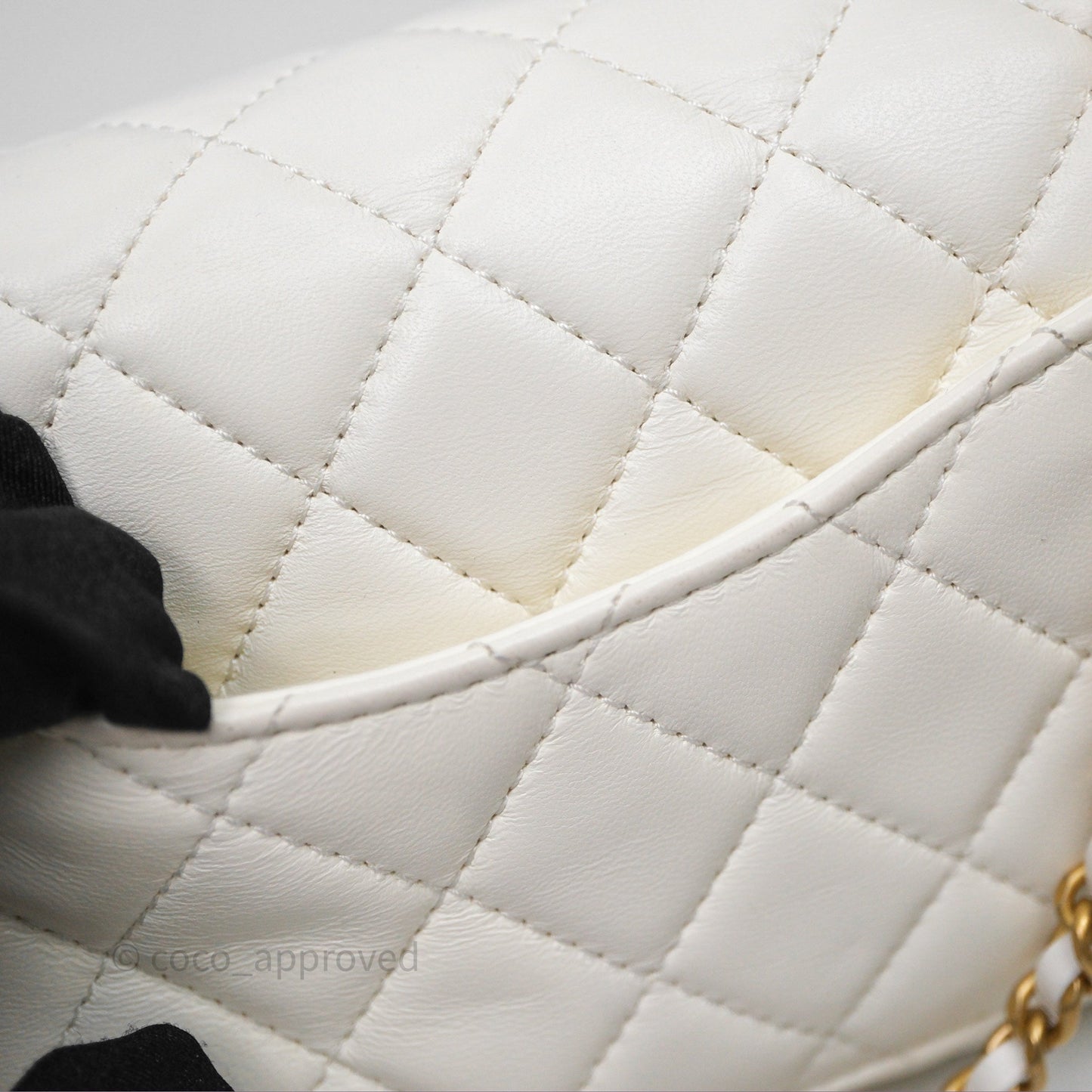 Chanel Mini Rectangular Pearl Crush Quilted White Lambskin Aged Gold Hardware