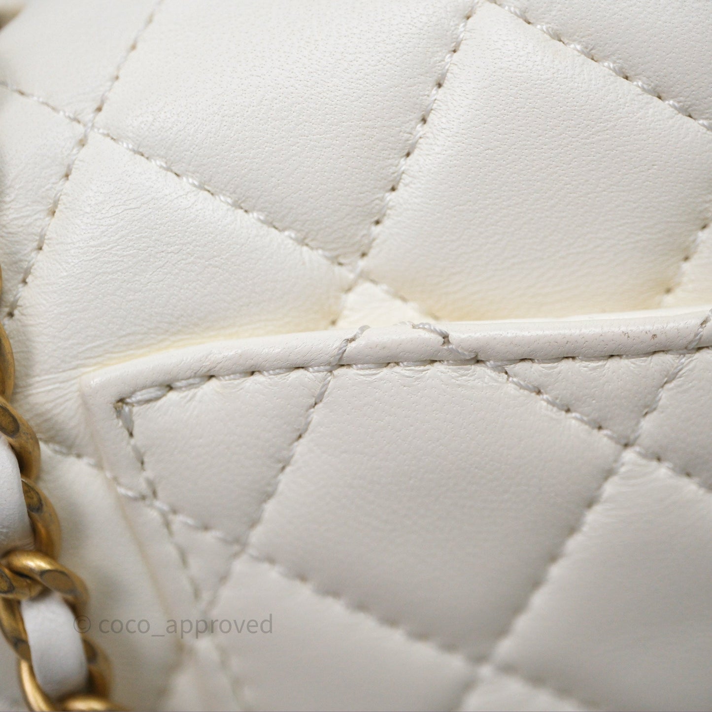 Chanel Mini Rectangular Pearl Crush Quilted White Lambskin Aged Gold Hardware