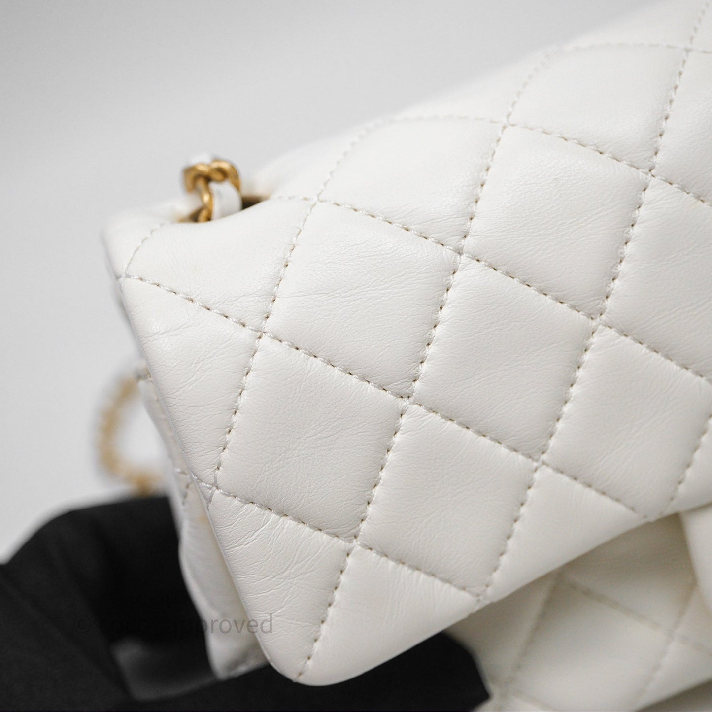 Chanel Mini Rectangular Pearl Crush Quilted White Lambskin Aged Gold Hardware