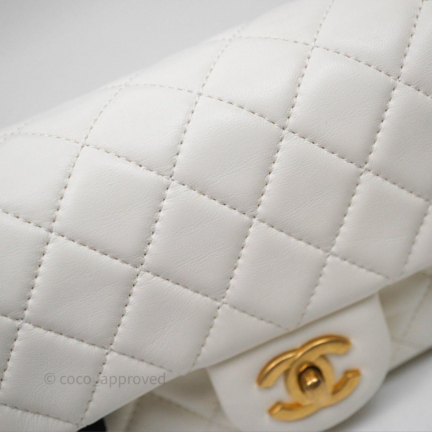 Chanel Mini Rectangular Pearl Crush Quilted White Lambskin Aged Gold Hardware