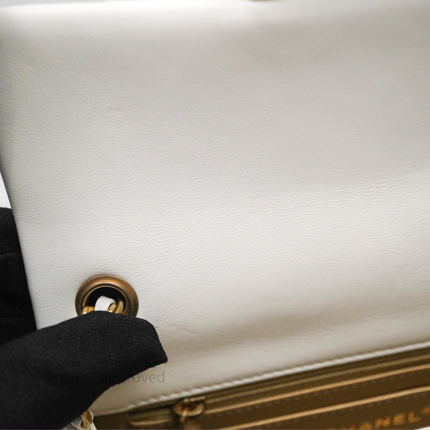 Chanel Mini Rectangular Pearl Crush Quilted White Lambskin Aged Gold Hardware