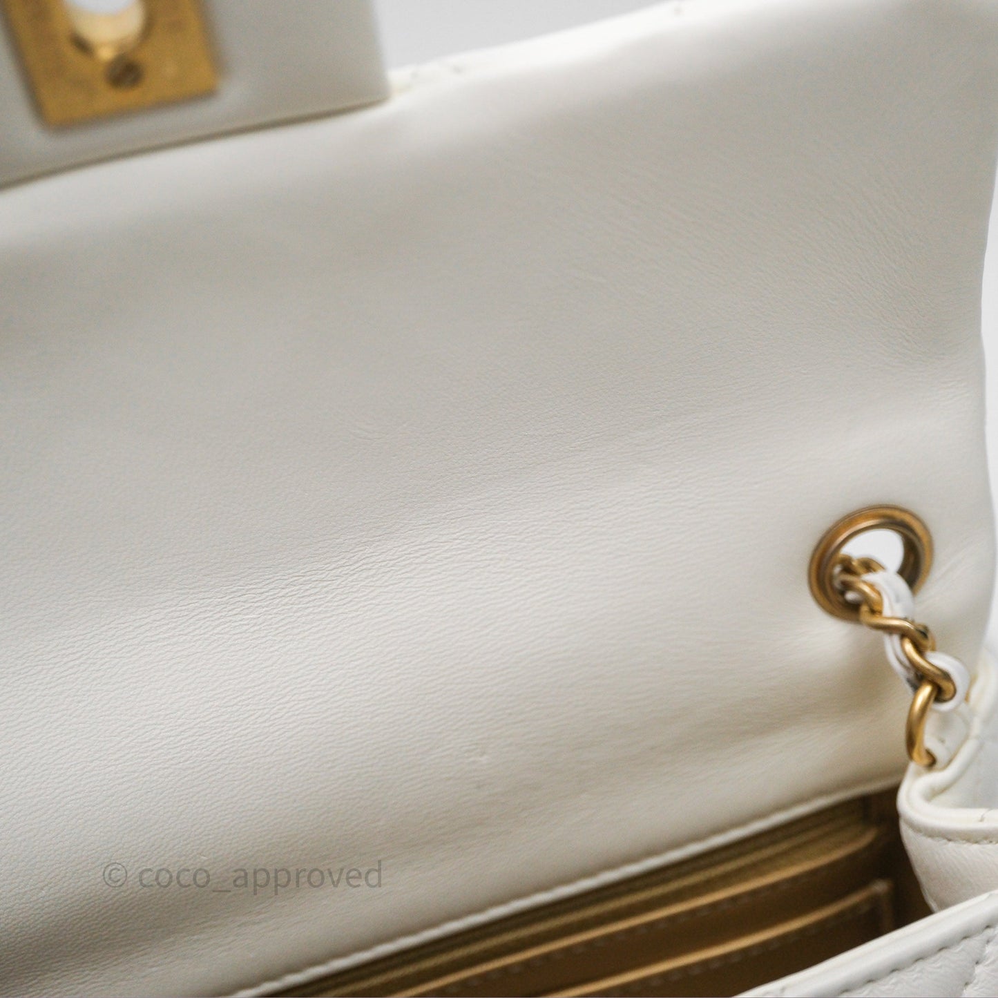 Chanel Mini Rectangular Pearl Crush Quilted White Lambskin Aged Gold Hardware