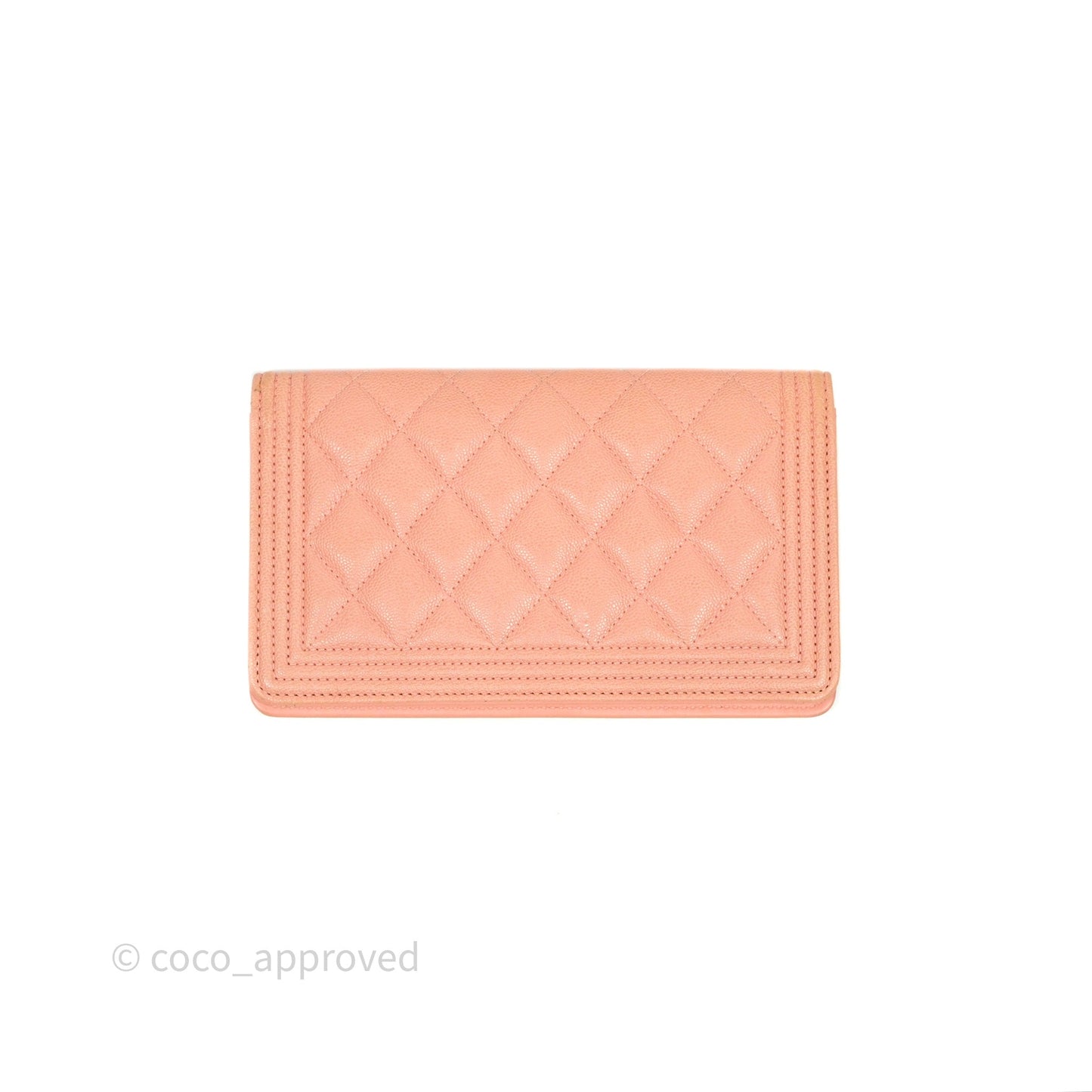 Chanel Boy Quilted Long Wallet Peach Caviar Aged Gold Hardware