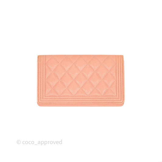 Chanel Boy Quilted Long Wallet Peach Caviar Aged Gold Hardware