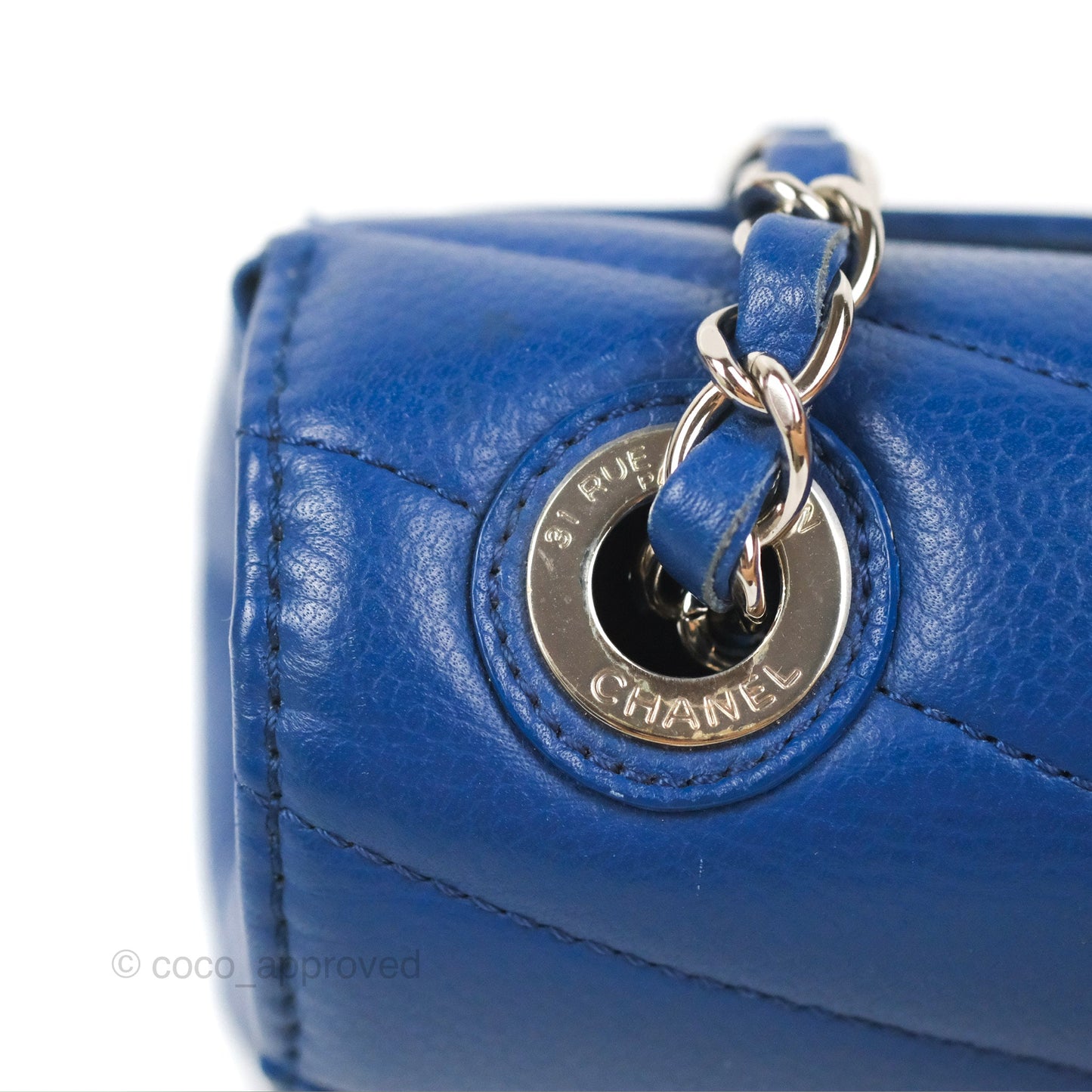 Chanel Chevron Flap Blue Grained Calfskin Silver Hardware