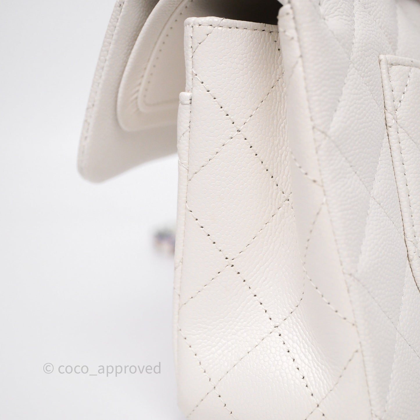 Chanel Small Classic Flap Quilted Ivory White Caviar Rainbow Hardware