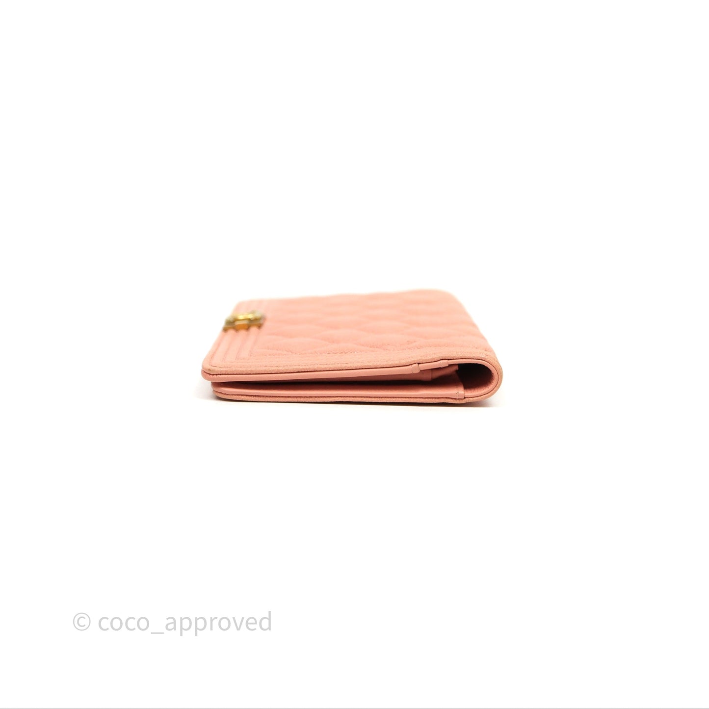 Chanel Boy Quilted Long Wallet Peach Caviar Aged Gold Hardware