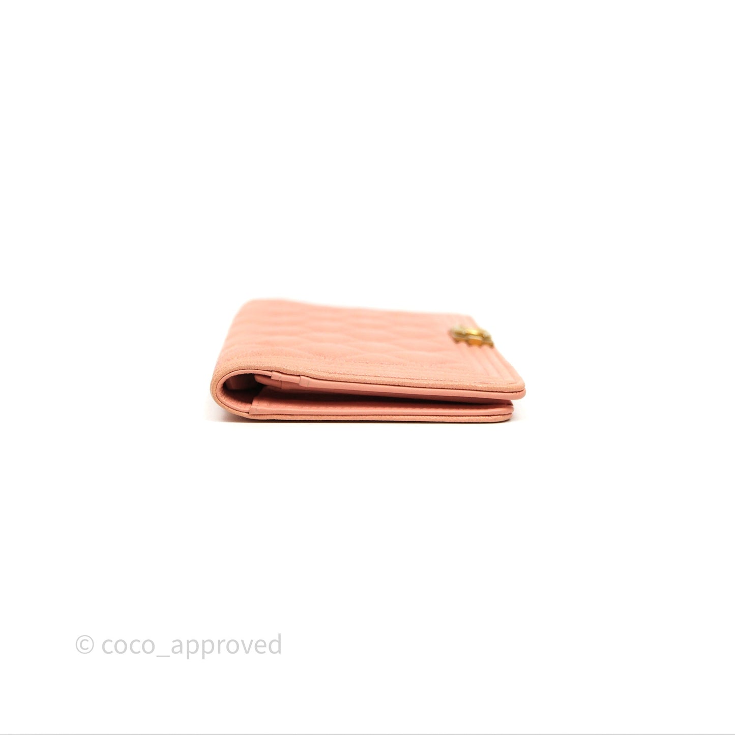 Chanel Boy Quilted Long Wallet Peach Caviar Aged Gold Hardware
