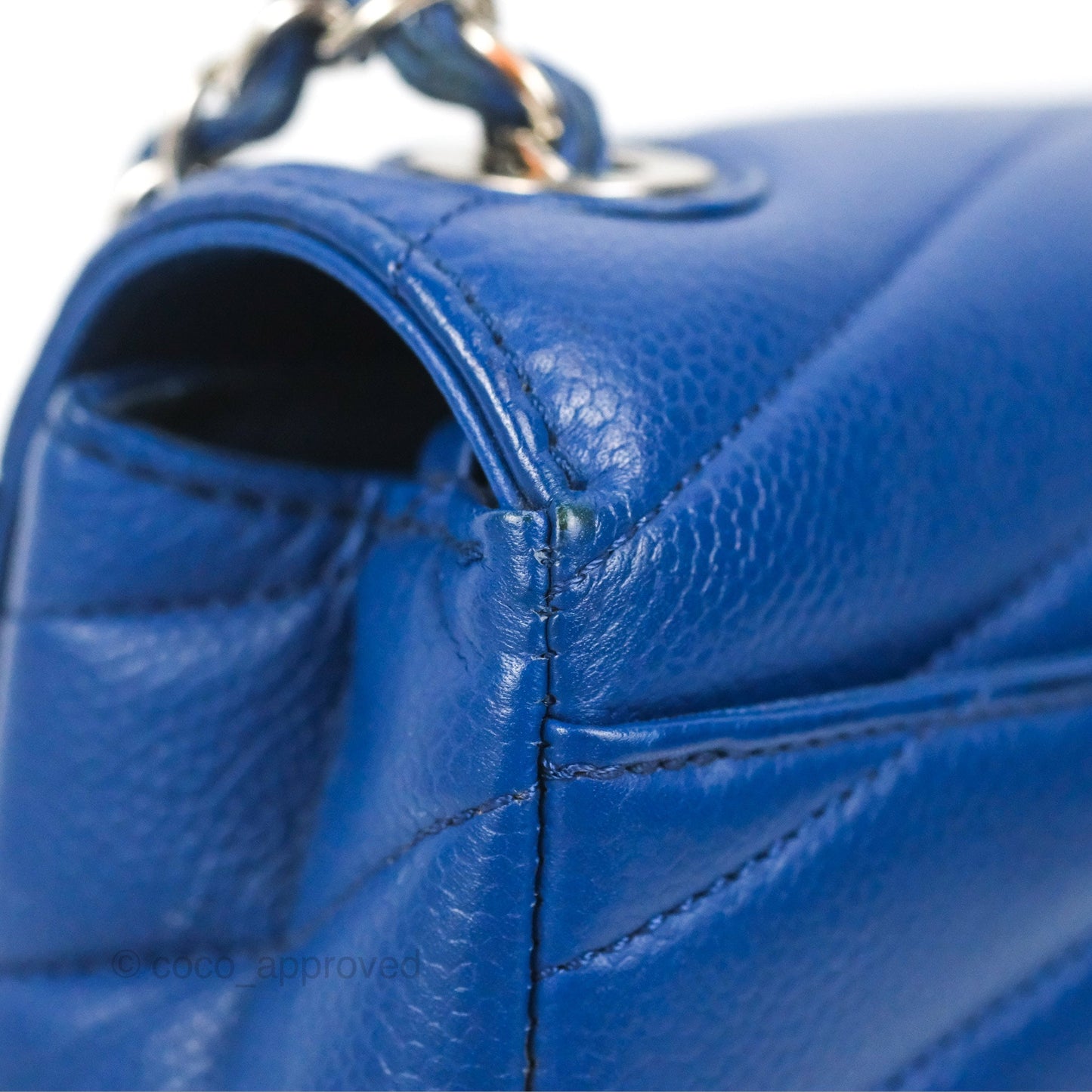 Chanel Chevron Flap Blue Grained Calfskin Silver Hardware