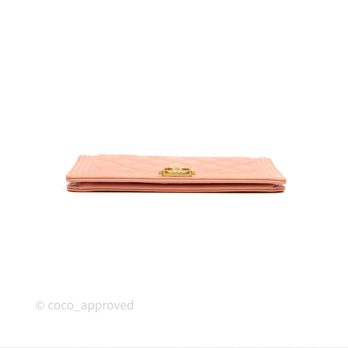 Chanel Boy Quilted Long Wallet Peach Caviar Aged Gold Hardware