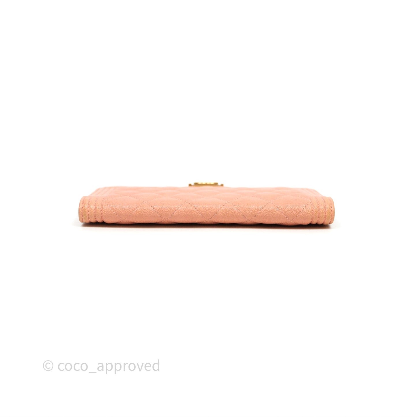 Chanel Boy Quilted Long Wallet Peach Caviar Aged Gold Hardware