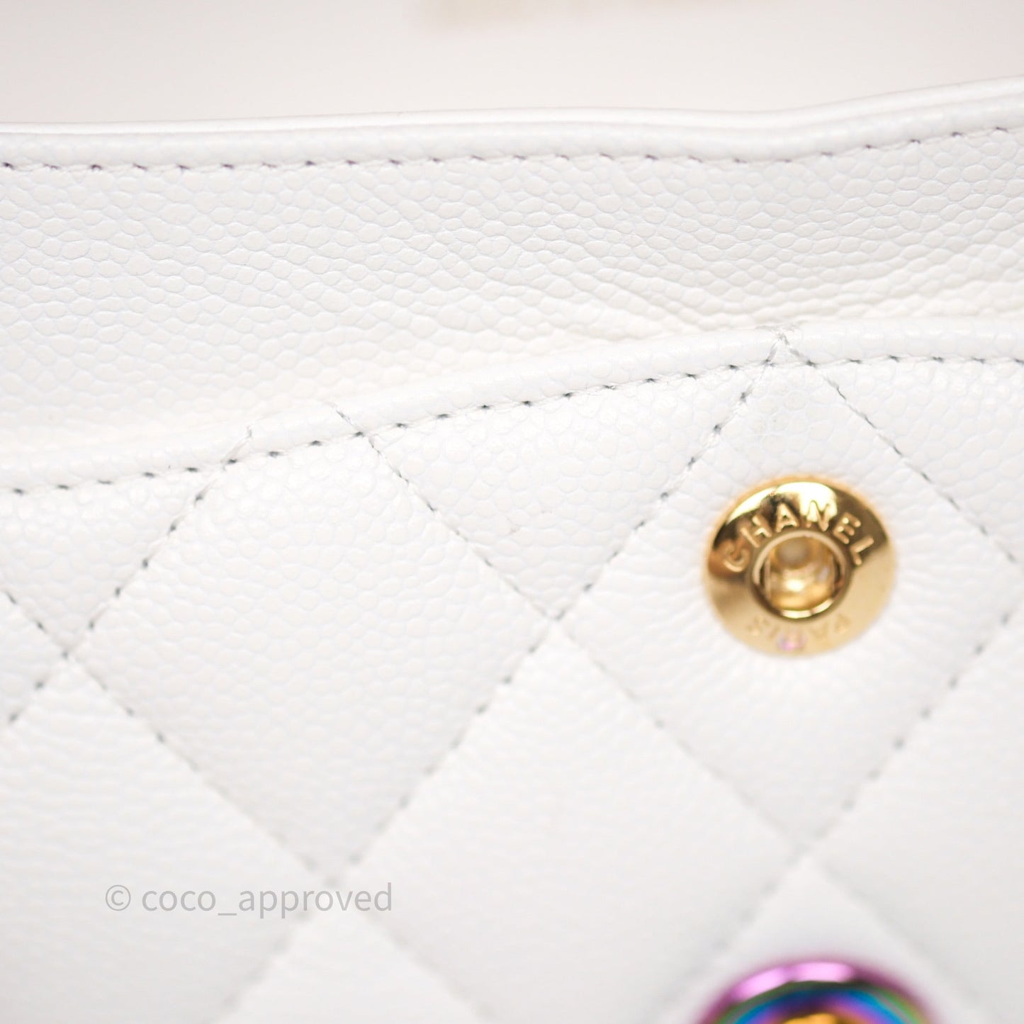 Chanel Small Classic Flap Quilted Ivory White Caviar Rainbow Hardware