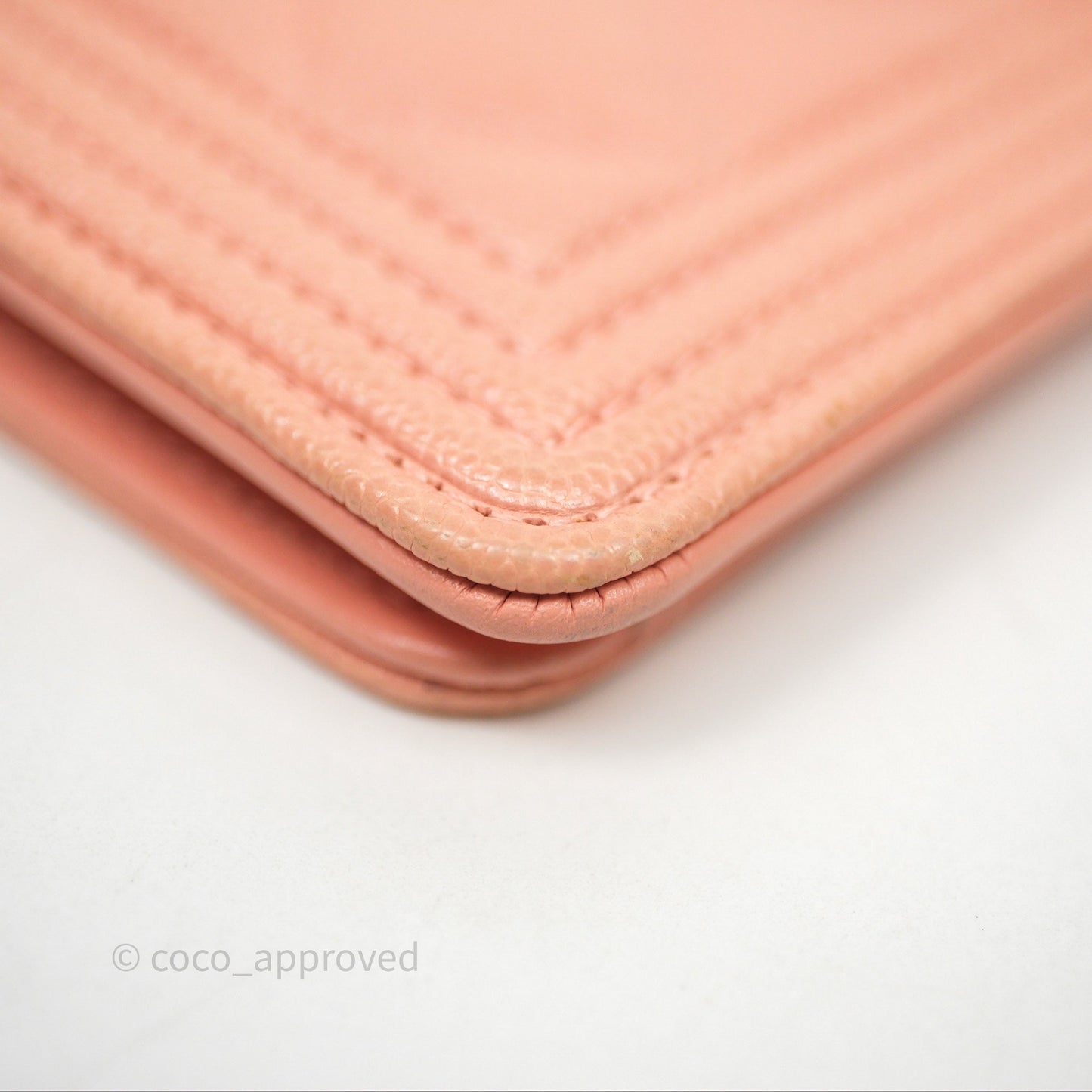 Chanel Boy Quilted Long Wallet Peach Caviar Aged Gold Hardware