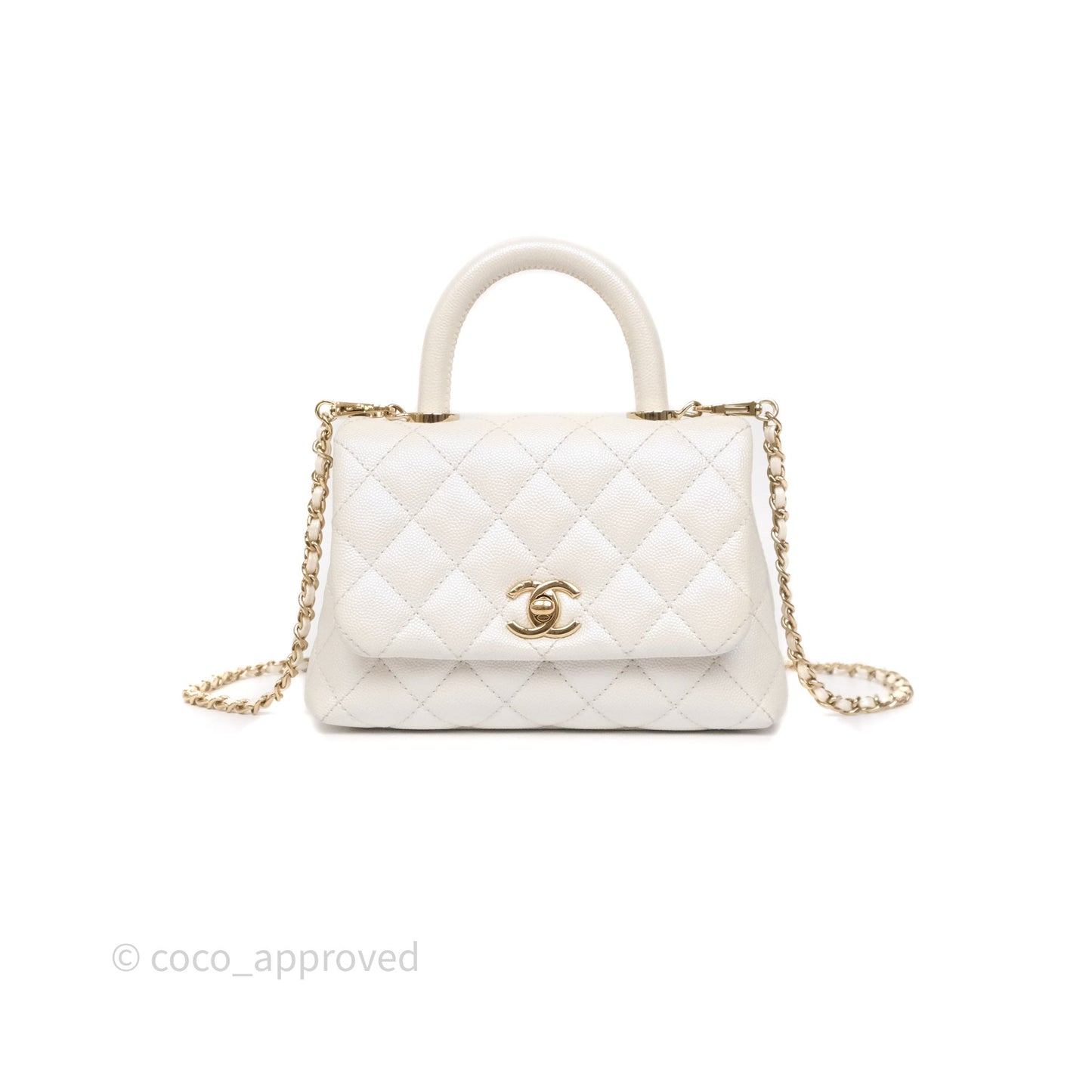 Chanel Mini Coco Handle Quilted Iridescent White Caviar Gold Hardware