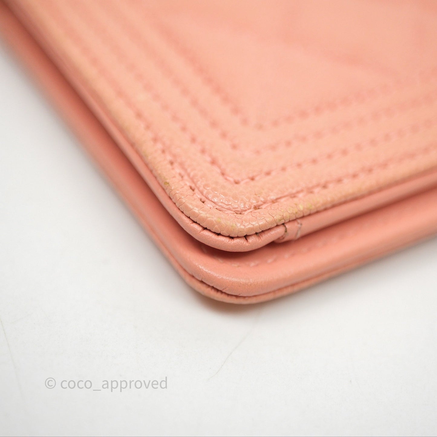 Chanel Boy Quilted Long Wallet Peach Caviar Aged Gold Hardware