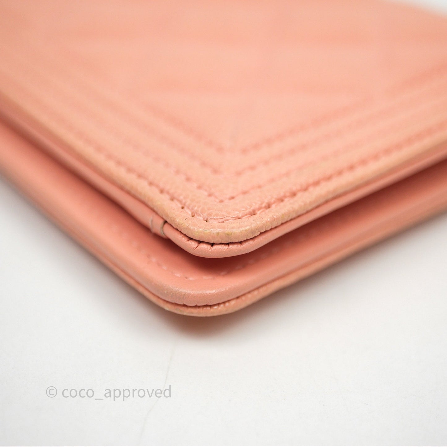 Chanel Boy Quilted Long Wallet Peach Caviar Aged Gold Hardware